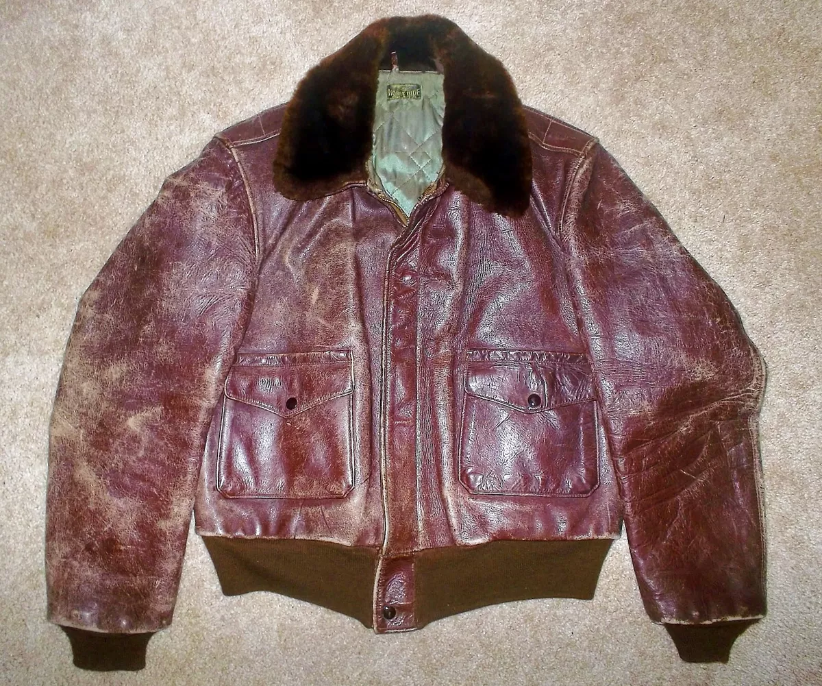 Vtg 1940s HORSEHIDE Mouton Collar A2 WW2 FLIGHT Bomber LEATHER Motorcycle  JACKET