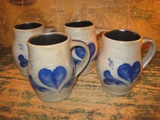 Set 4 Vintage 1993 Rowe Pottery Works Stoneware Coffee Cup Mug w/ Blue Hearts