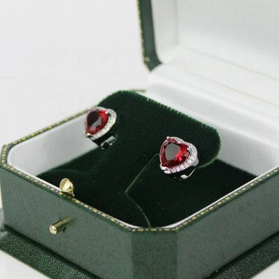 WHITE GOLD FINISH Red Ruby Created Diamond Heart Cut Droplet Earrings - Image 4 of 4