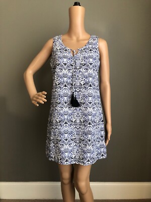 St Tropez West XS Blue White Paisley Floral Summer Linen Shift Dress Tassel  Tie | eBay