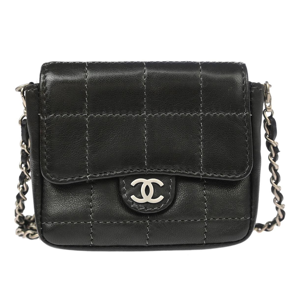 Chanel Black Lambskin Choco Bar Micro Classic Flap Shoulder Bag