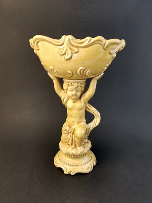 Vintage Inarco Cherub Basin Bowl Vase Yellow Gold Ceramic Planter E 7291 MCM