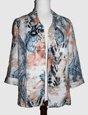 CHICOS 2 12 OR LARGE OPEN LINEN RAYON JACKET BLUE CREAM BLUSH 3/4 SLEEVE