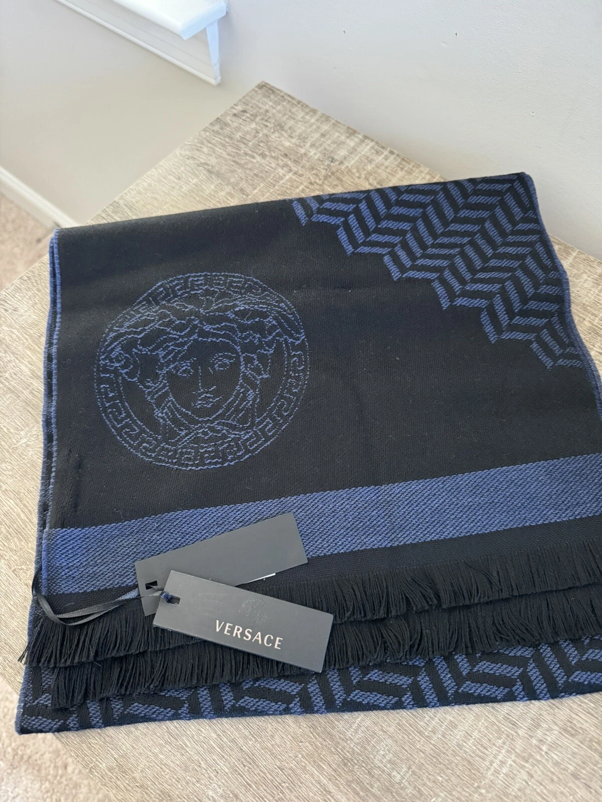 NWT Versace Medusa Reversible Wool Black Blue 100% Wool Scarf Shawl