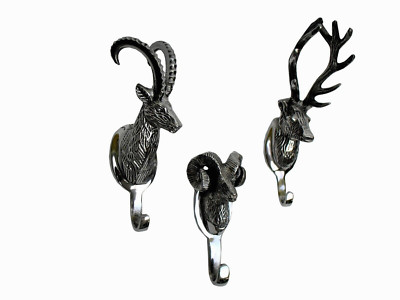 Metal Deer Ibex Aries Head Coat Hooks Set of 3 Decorative Wall Hook Figurine