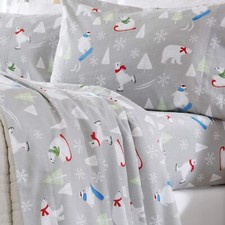 Gray Skiing Polar Bears 4 pc Cotton Flannel Sheet Set Twin Full Queen King Bed
