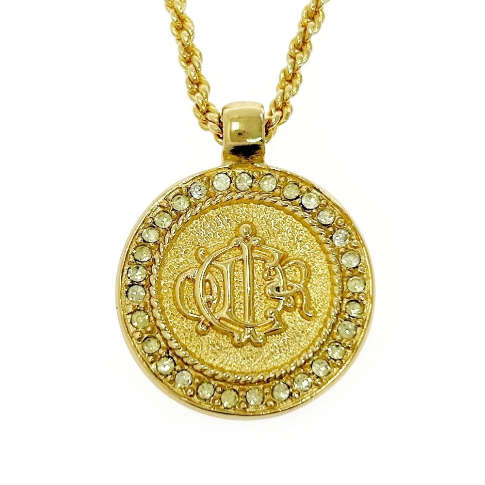With Box】 Dior Gold Plated/Rhinestone Emblem Round Necklace gold
