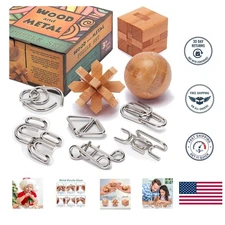 Travel-Ready Handheld Brain Teasers - 9 Metal & Wooden Puzzles for Family Fun