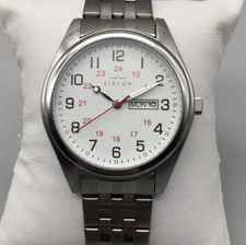Elevon Watch Men 41mm Silver Tone Day Date White Round Dial 8.75"