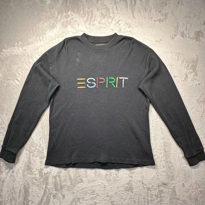 Vintage Esprit Shirt Mens Medium Black Cotton Waffle Knit Long Sleeve Crewneck