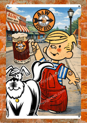 A&W Root Beer Vintage Style Metal Sign Boy & Dog Retro Soda Shop Wall Decor Read