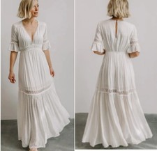 Baltic Born Rayne Maxi Dress Swiss Dot Deep V Size Large White Wedding Bridal