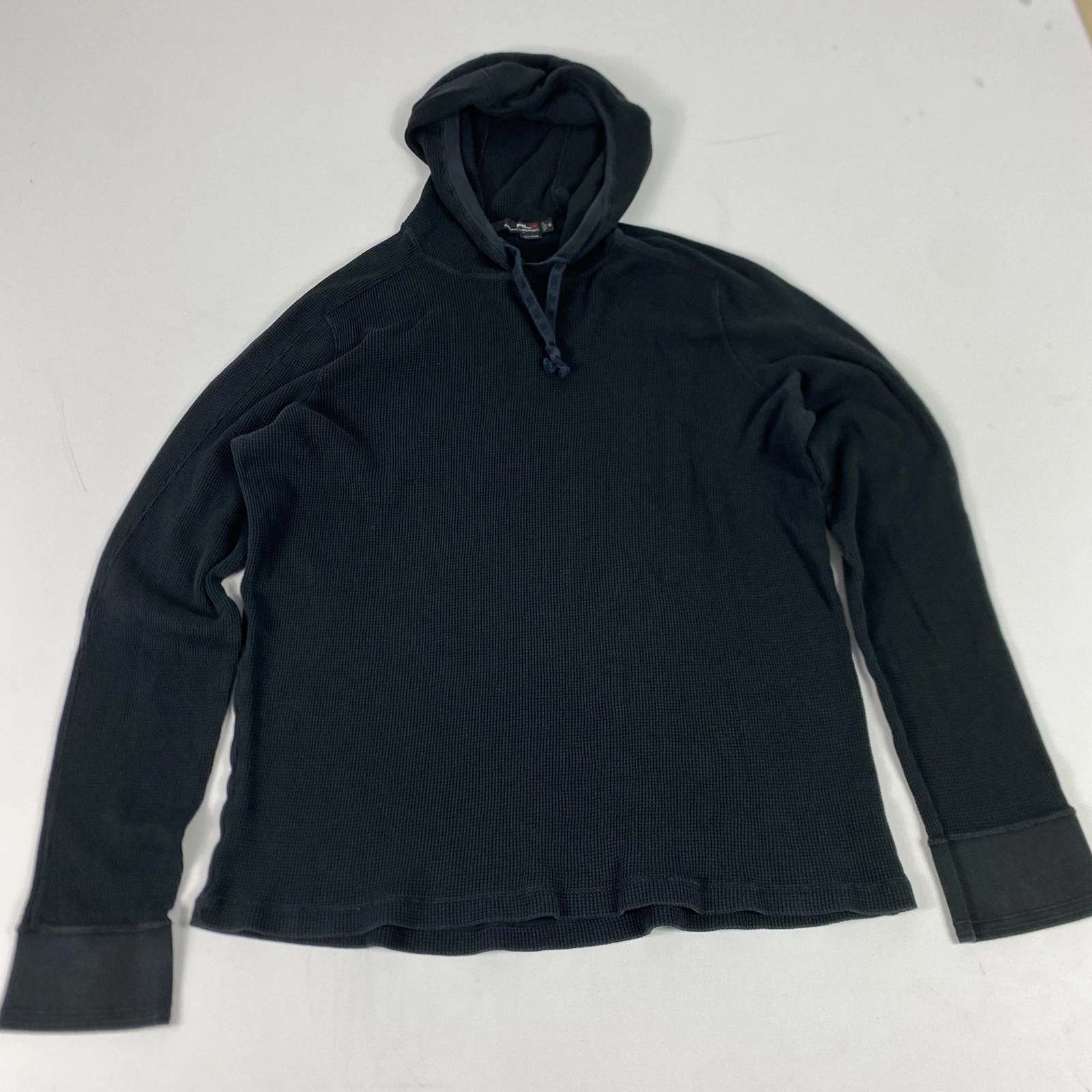 RLX Ralph Lauren Hoodie Mens XL Black Pullover Waffle Knit Hooded Drawstring