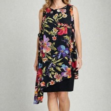 SLNY Floral Sheath Dress Black Chiffon Overlay Asymetrical Size 14 NWT