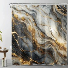 Gold Abstract Marble on Black and White Shower Curtain Set for Bathroom Decor 7
