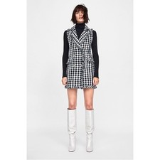 Zara Houndstooth Tweed Dress Medium Sleeveless Button Up
