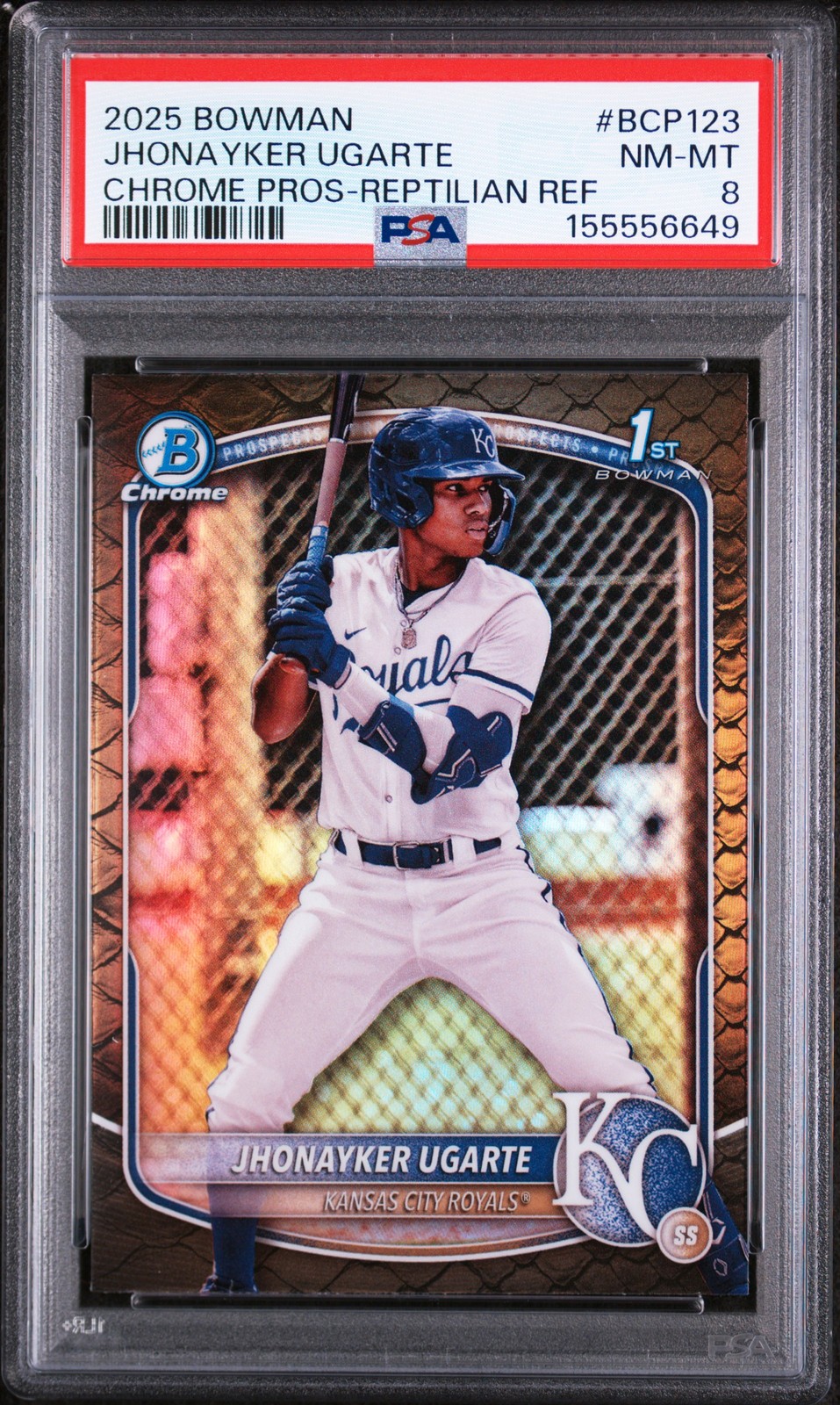 2025 BOWMAN CHROME PROSPECTS REPTILIAN REFRACTOR #BCP123 JHONAYKER UGARTE PSA 8