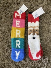 OLD NAVY Cozy Socks 2 Pair Women's One Size Merry Santa Claus NWT Christmas