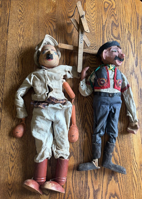 Early Mid 20th C Czech Marionette Puppets  Honza  Hand-Carved Wood Pair