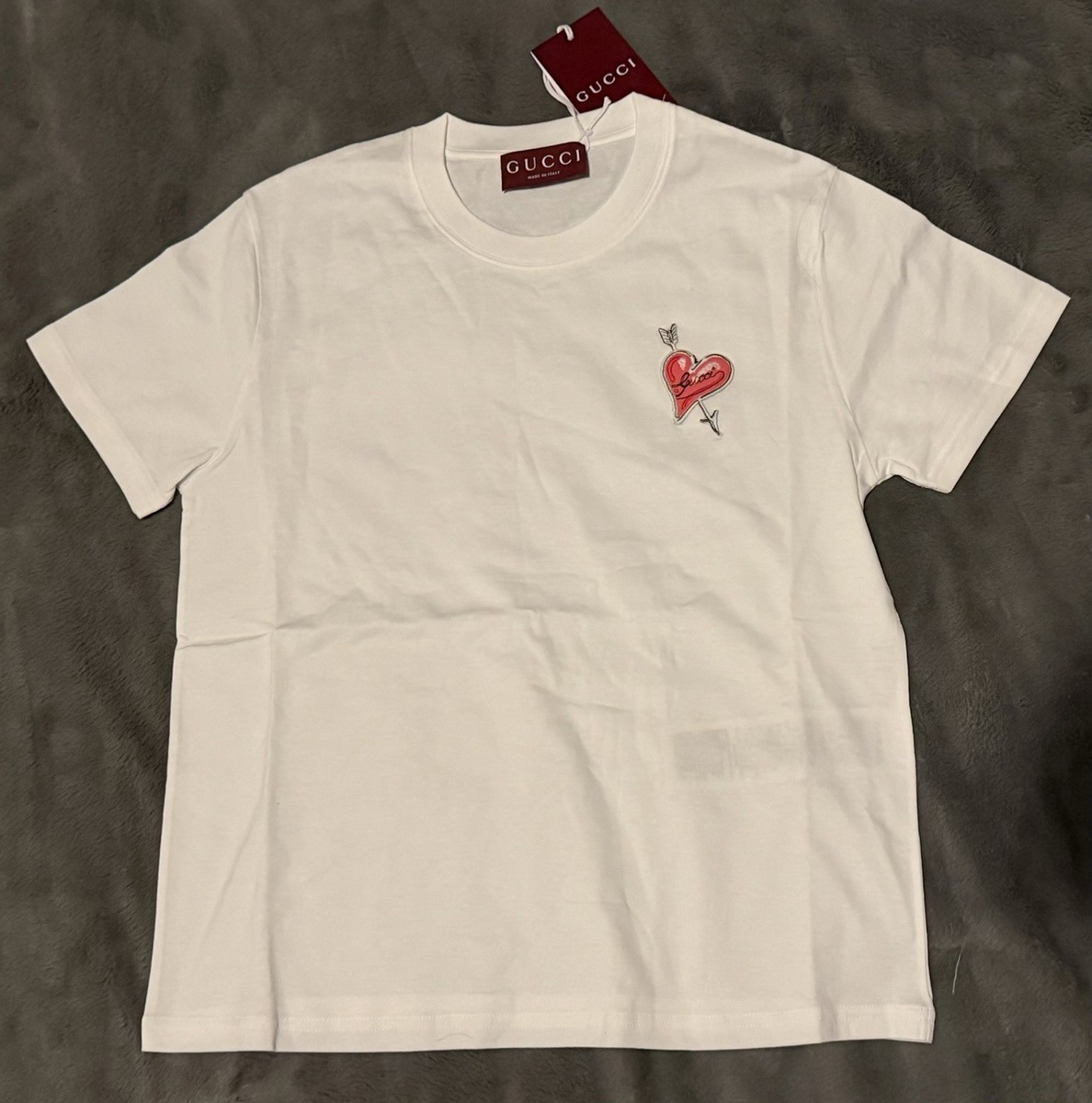 Gucci White Cotton Jersey T Shirt with Heart Patch Women's Size L
