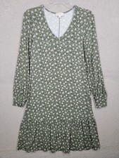 Loft Green Floral Shift Dress XS V Neck Tiered Long Sleeve