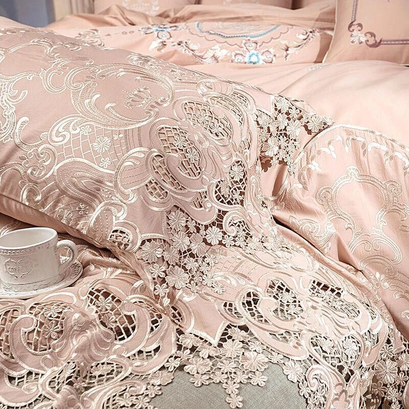 Luxury bedding set 6pcs 100S pima cotton hollow lace quilt cover flat sheet set - Image 3 of 4