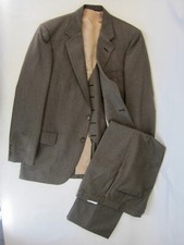 Vintage 3 Piece Brown Herringbone Wool Suit Blazer Vest Pants Made in USA