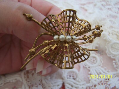 Broche Ancienne Papillon Années 40 En Laiton Et Perles - N°66 état De Trouvaille à Nettoyer