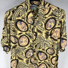 Vintage Reyn Spooner Rayon Hawaiian Aloha Shirt Yellow Village Hula Girl Medium