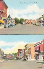 c1940 Views Main Street Old Cars Stores Signs Downtown Arcade NY P460