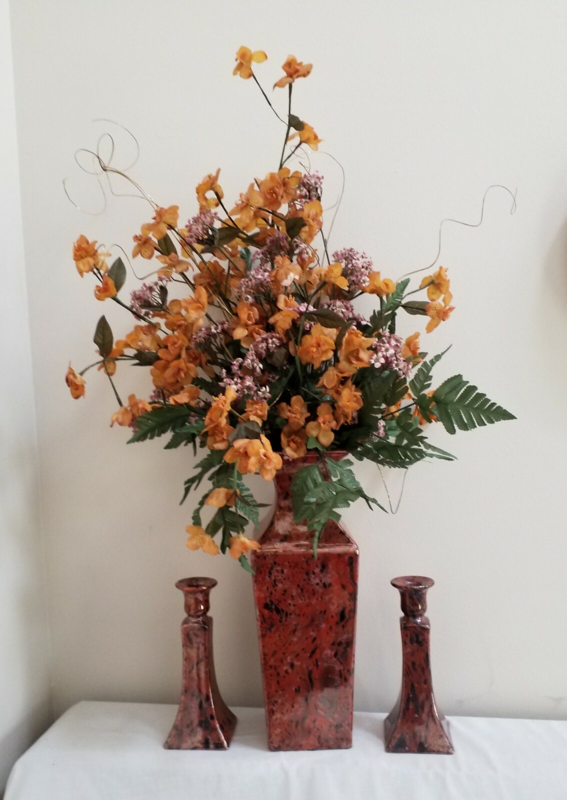 Vintage 1990 Haeger Vase & Candlesticks Burnt Orange Splatter 16