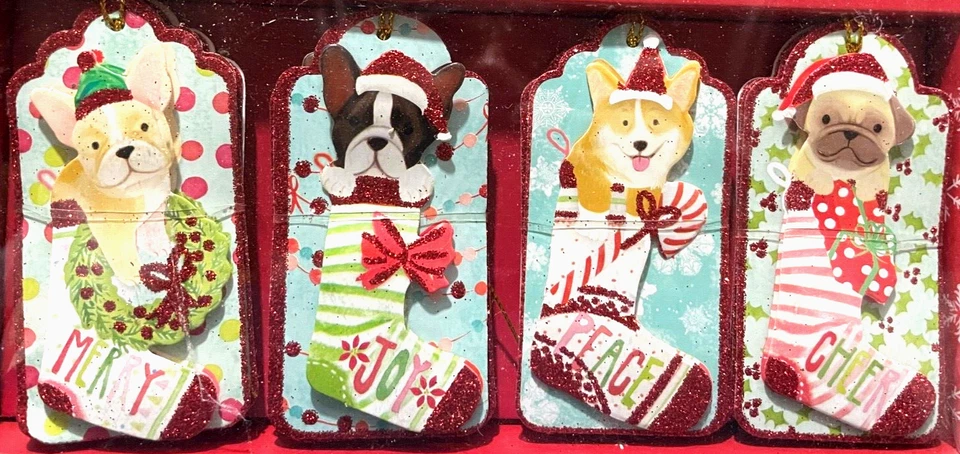 Molly & Rex 12 Etiquetas Regalo Navidad Tres D 4 Adorables Perros Cachorros Rojo Brillo Foto 2 de 4