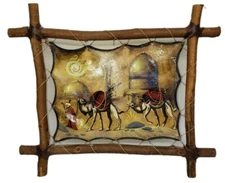 Nice Middle Eastern Camels Colorful Artwork On Leather Stretched on Wooden frame