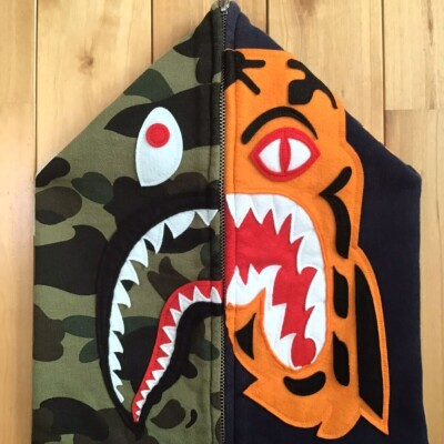 BAPE camo Crazy Face Tiger Shark full zip Hoodie Navy A Bathing 