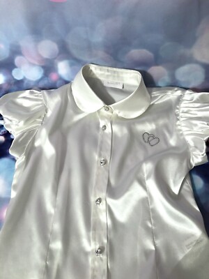Varci Girls White Satin Short Sleeve Blouse with Rhinestone Buttons Size 9