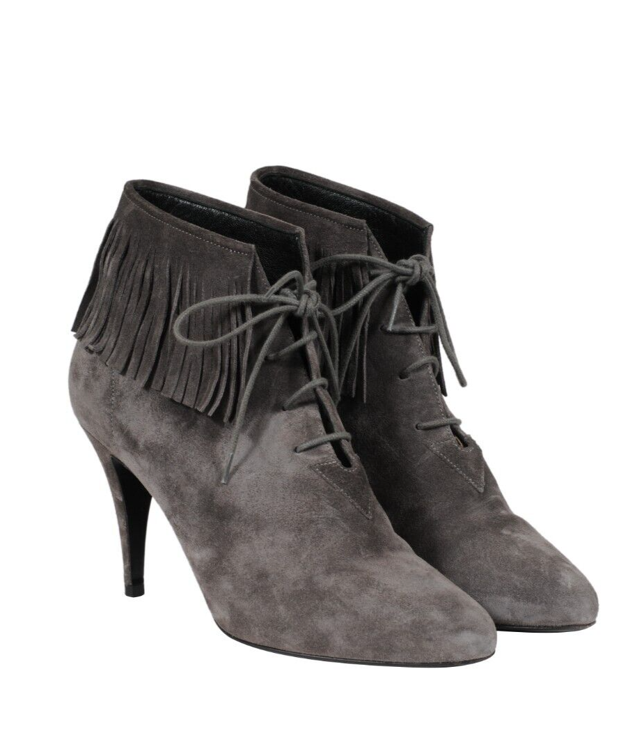 Stivaletti Saint Laurent donna con frange stringati US 9 EU 39 stivali scamosciati grigi
