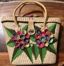 Stunning Multi Color Flower Straw Clutch Purse Bag Handbag Hand Made New