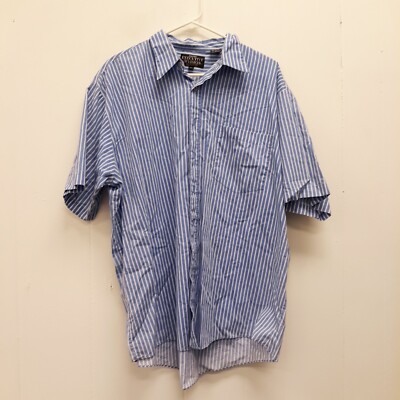 Executive Division Dress Shirt Mens 17 1/2 Blue White Short Sleeve Striped