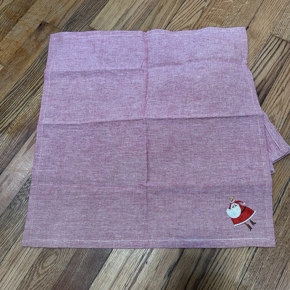 BOUTIQUE Juego De 3 Servilletas Bordadas Navidad Papá Noel Lino Rojo Foto 2 de 2