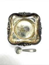Antique Silver Plated Open Salt Cellar with Spoon