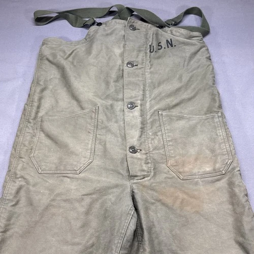 Vintage WWII US NAVY Mens M Brown Alpaca Lined Insulated USN Work Deck Bibs - product listing photo