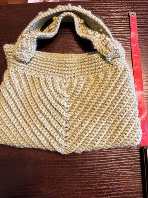 Handmade Crochet Beaded Beige Small Top Handle Satchel, Lined w/ Inner Pockets