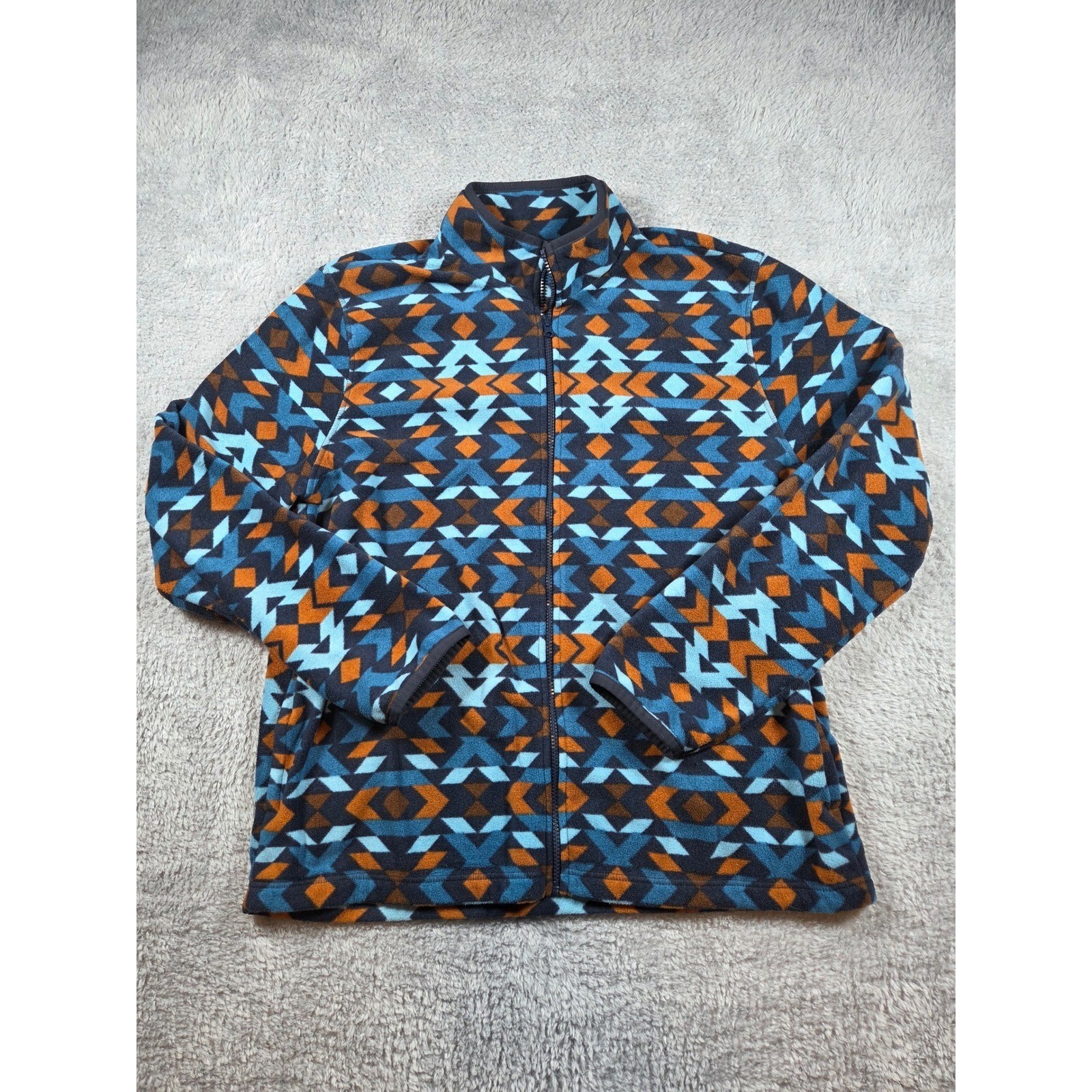 Geometric Pattern Fleece Jacket Full Zip Blue Ora… - image 2