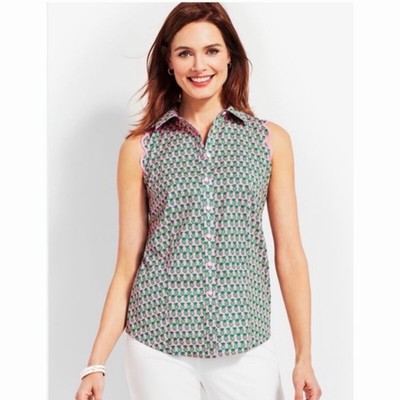 Talbots Dancing Pineapple Scalloped Sleeveless Collared Button Down Top 6