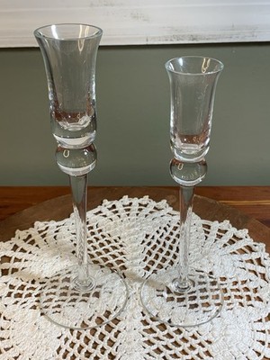 Set Of Two Delicate Crystal Candlestick Holders, 8 H And 7.25 H