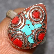Nepali Tribal Tibetan Turquoise Red Coral Nepali Tribal Ring US 6 JW