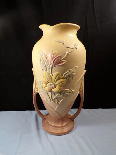 Large Hull Pottery 16-15" Double Handled Magnolia Vase 15 1/2" Tall
