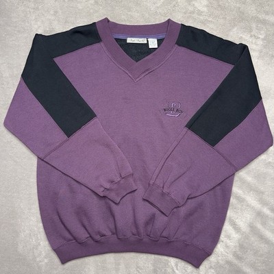 Vintage 80's Bugle Boy V-Neck Sweatshirt Mens M Purple Black Color Block Preppy