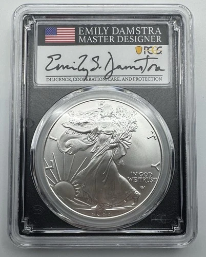 2022 American Silver Eagle PCGS MS70 First Day of Issue Emily Damstra Signed