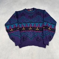 Vintage Abstract Knitted Jumper Patterned Grandad Knit Sweater Men's L